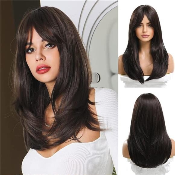 20 Inches Long Straight Black Brown Layered Synthetic Hair Wigs Black Brown